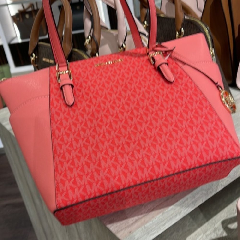 Michael Kors Charlotte Large Logo and Leather Top-Zip Tote Bag Coral Reef Multi - Picture 14 of 16